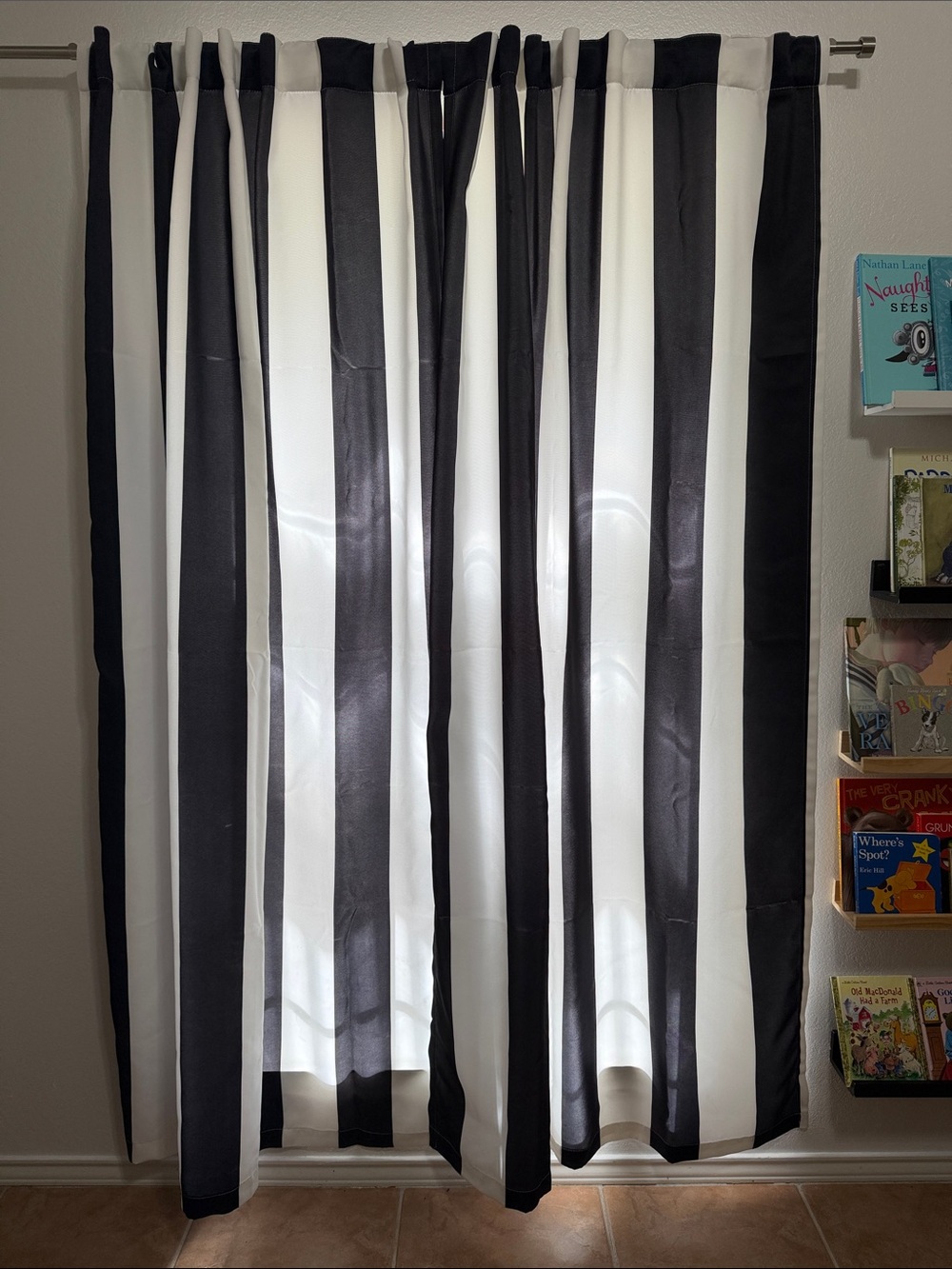 Half Moon Pair of Black and White Vertical Stripe Panel Curtains 52 x 84